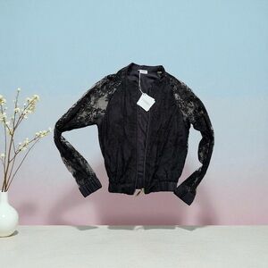 Elegant Black Lace Bomber Jacket